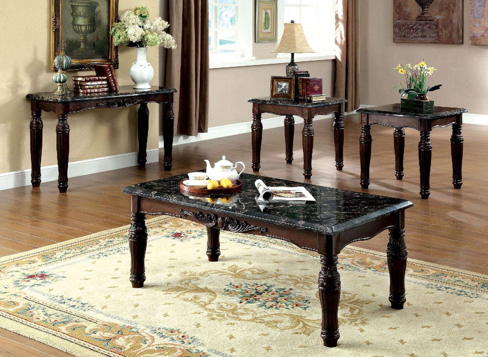 Traditional Espresso Solid Wood 3Pc Tables Set 1X Coffee Table And 2X End Tables Faux Marble Top Living Room Furniture Espresso Espresso Primary Living Space Classic,Luxury,Traditional Rectangular Solid Wood