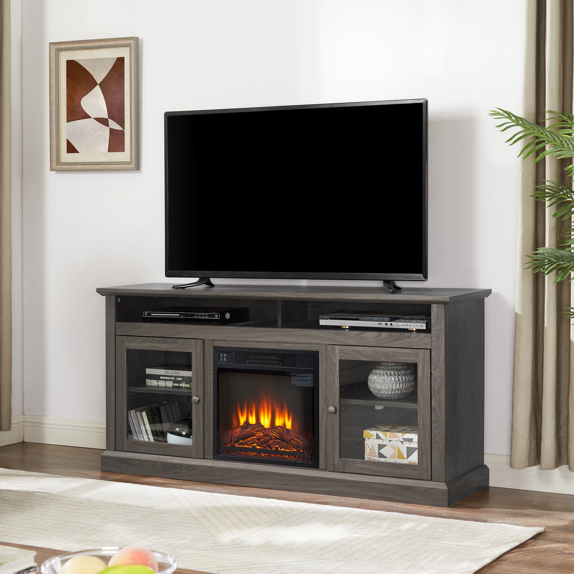 Modern Tv Media Stand Modern Entertainment Console With 18" Fireplace Insert For Tv Up To 65" With Open And Closed Storage Space, Dark Walnut Black, 60"W*15.75"D*29"H Black Dark Walnut 60 69 Inches Mdf