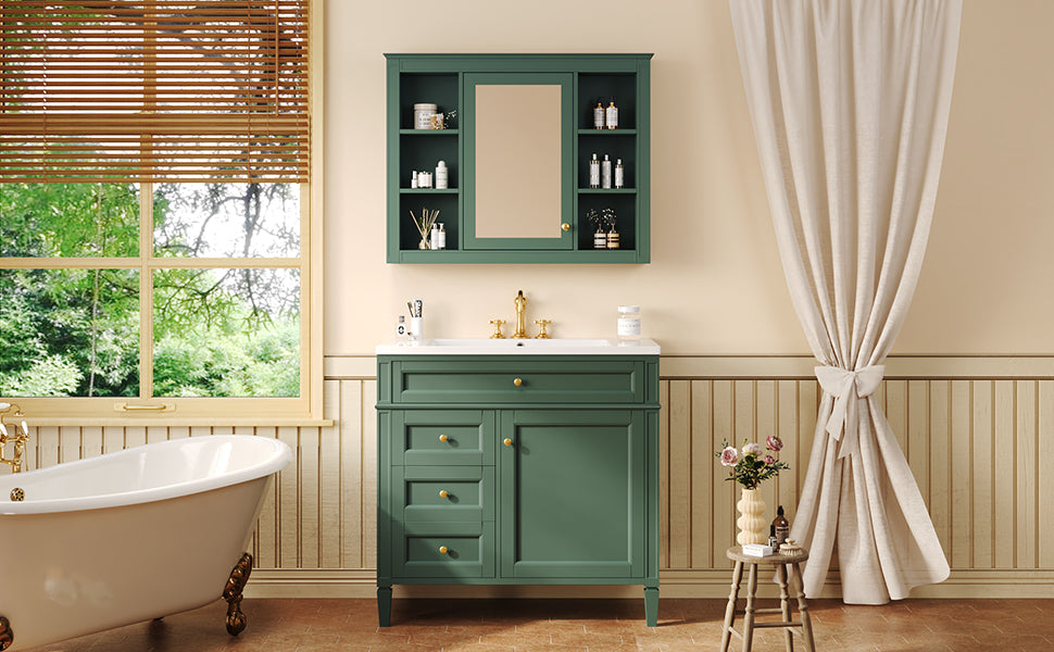 36'' Bathroom Vanity With Medicine Cabinet, Royal Blue Mirror Cabinet, Modern Bathroom Storage Cabinet With 2 Soft Closing Doors And 4 Drawers, Single Sink Bathroom Vanity 3 Green 1 5 Bathroom Freestanding Modern Solid Wood Mdf Resin Painted