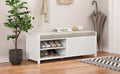 Distressed Shutter Storage Bench With Acacia Veneer For Retro Charm For Living Room, Entryway White White Mdf