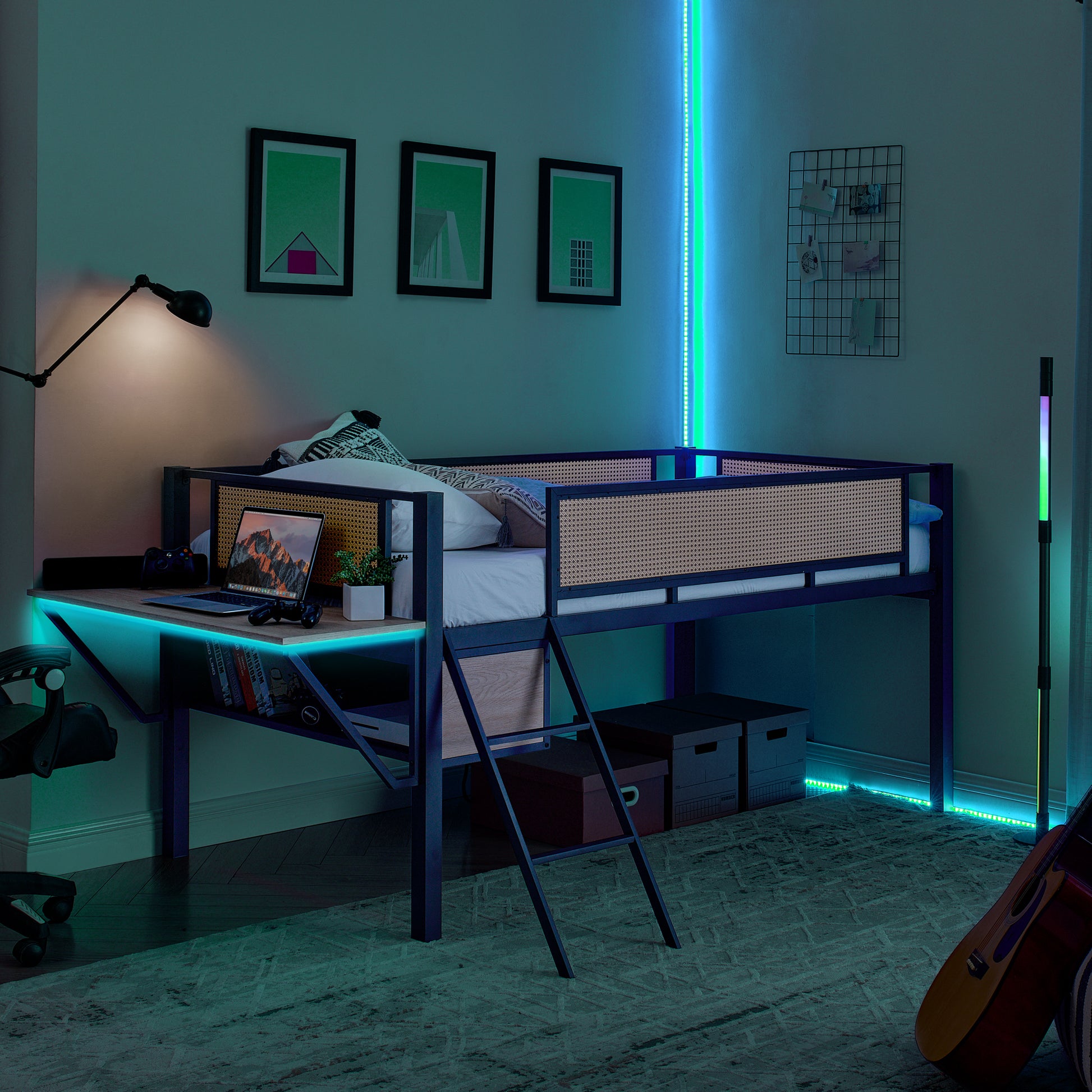 Single Metal Loft Bed With Rectangular Desk, Led Lights, Led Loft Bed Frame Double Bed With Storage Shelves And Hanging Storage Compartments, Safety Guard And Ladder, No Box Springs Required, Rattan G Twin Black Natural Mdf Iron