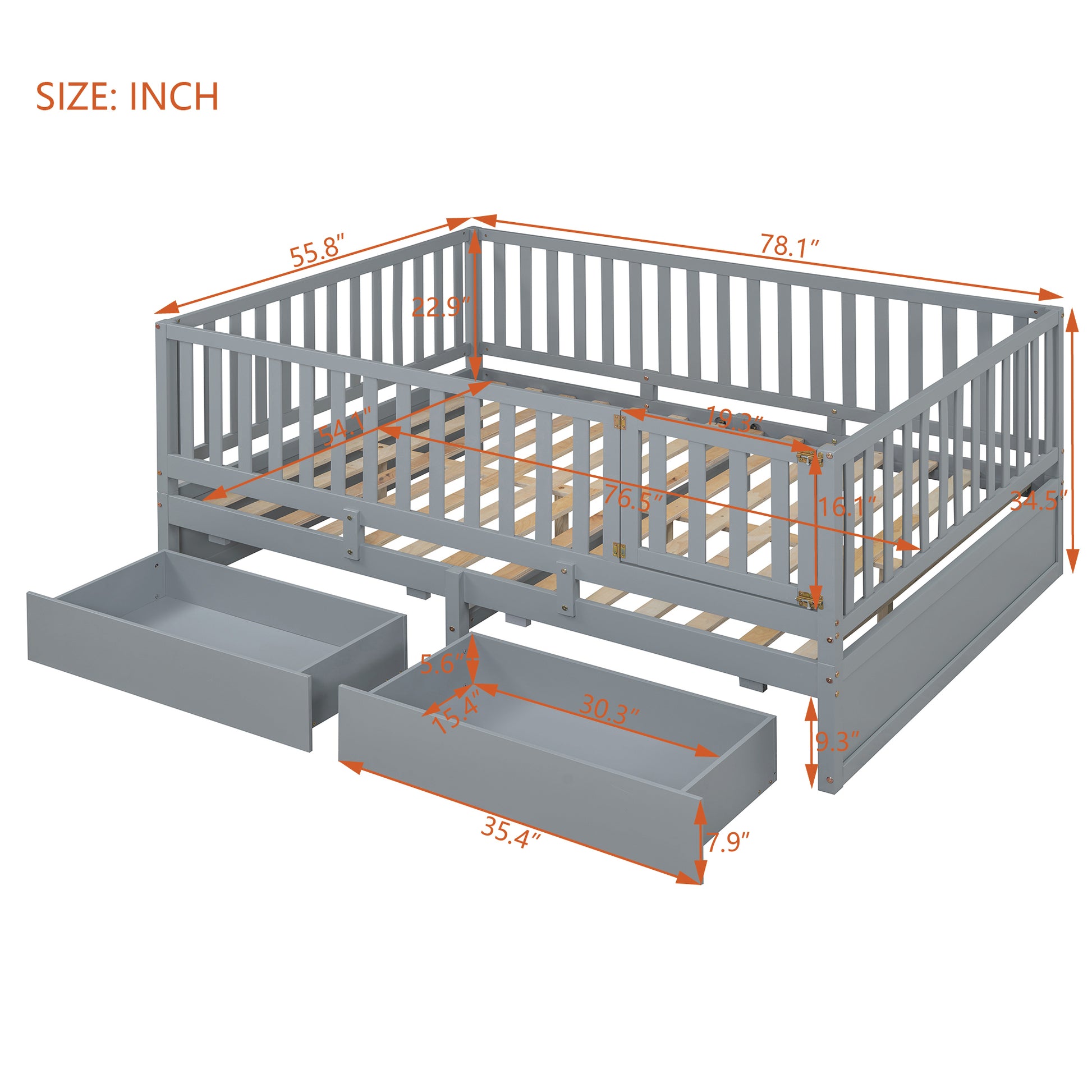 Full Size Wood Daybed With Fence Guardrails And 2 Drawers, Split Into Independent Floor Bed & Daybed, Gray Old Sku :Lp000882Aae Full Gray Solid Wood Mdf