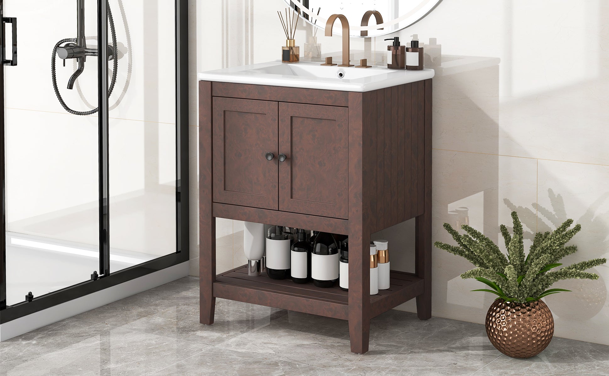 Video 24" Brown Modern Sleek Bathroom Vanity Elegant Ceramic Sink With Solid Wood Frame Open Style Shelf Brown Solid Wood Mdf