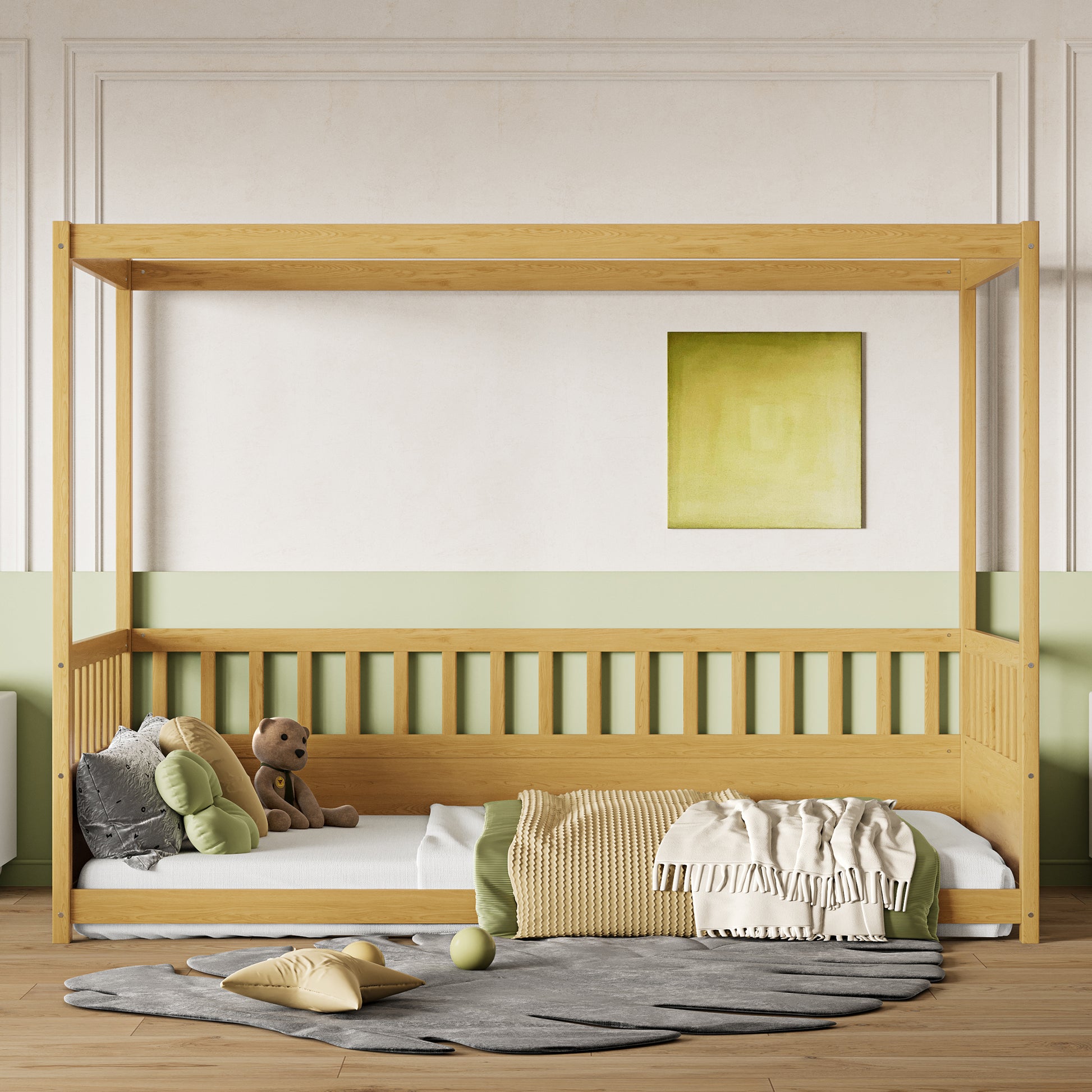 Twin Size Canopy Bed Frame With Guardrails For Kids,Floor Bed Twin With Four Poster Design,Kids Montessori Floor Bed,Wood Canopy Bed Frame For Girls,Boys Twin,Natural Box Spring Required Twin