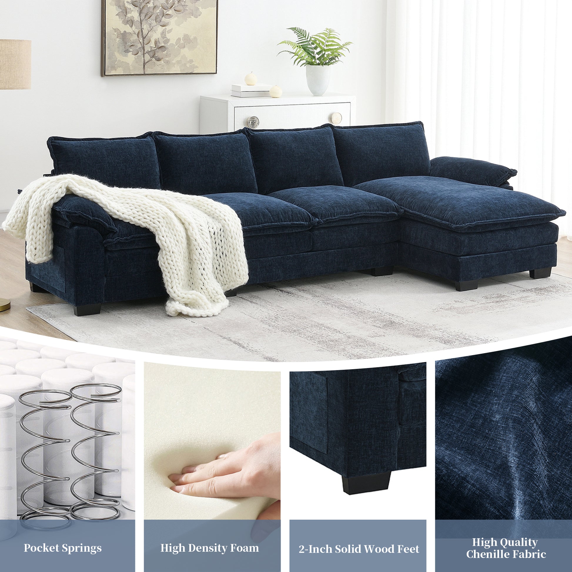 Video 118" Modern Chenille Sectional Sofa With Double Cushions,Storage Pockets,5 Seat Upholstered Indoor Furniture,L Shaped Comfy Cloud Couch With Reversible Chaise For Living Room,Apartment,3