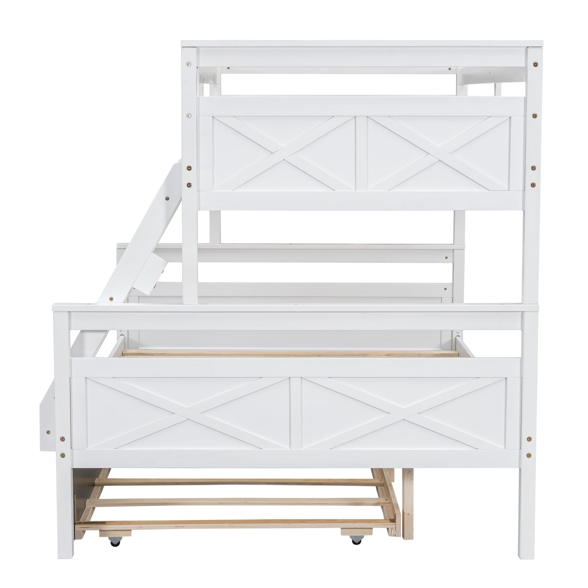 Twin Over Full Bunk Bed With Ladder, Twin Size Trundle, Safety Guardrail, White Box Spring Not Required Twin White Wood Bedroom Bunk Pine