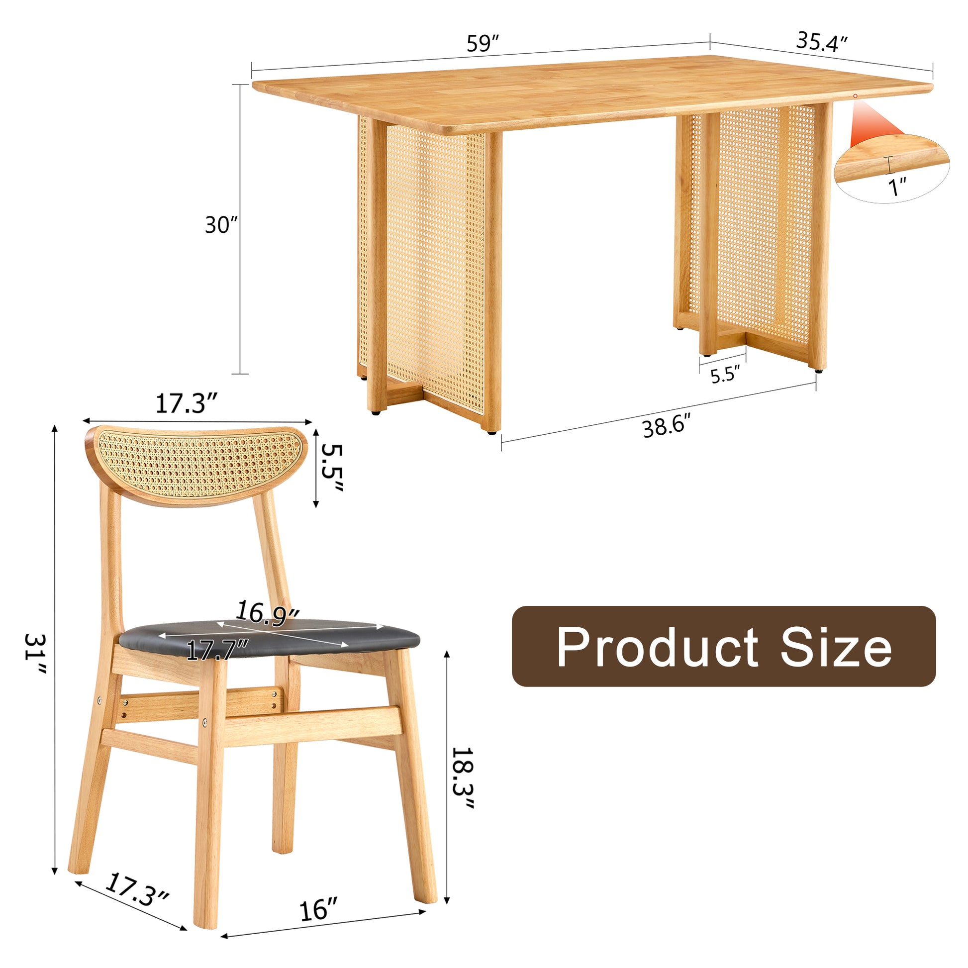 Table And Chair Set, Ancient Style Solid Wood Dining Table, Imitation Rattan Table Legs, Beautiful Simple Solid Wood Dining Chair, Perfect For Dinner, Meetings, Home And Office Decoration Wood Rubber Wood