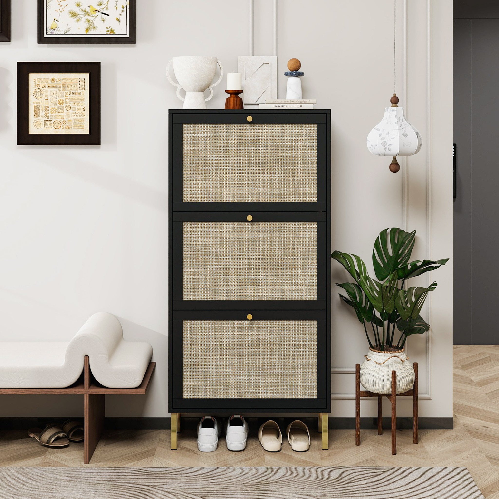 Rattan 3 Door Shoe Rack, Freestanding Modern Shoe Storage Cabinet, For Entryway Black Particle Board