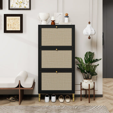 Rattan 3 Door Shoe Rack, Freestanding Modern Shoe Storage Cabinet, For Entryway Black Particle Board