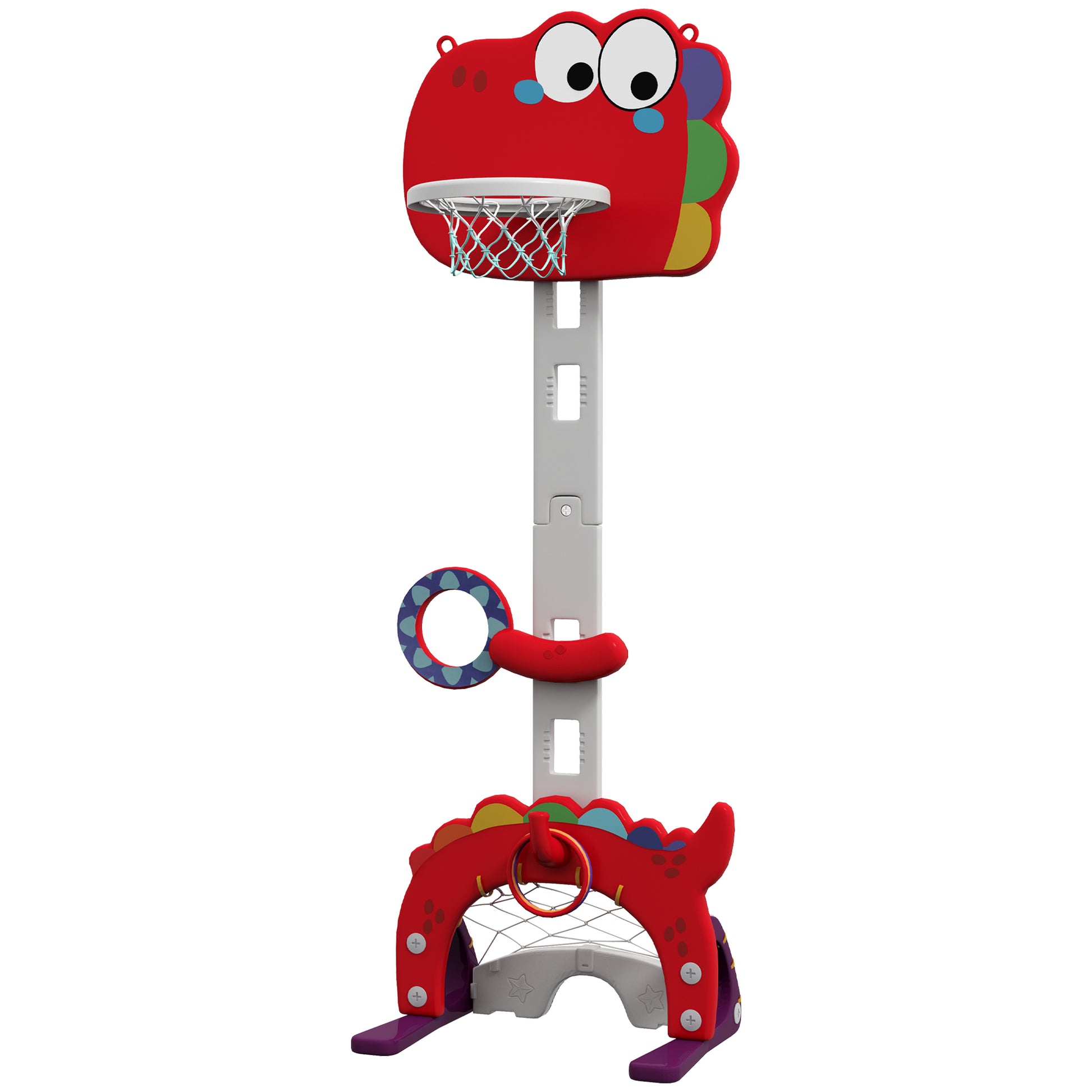 Qaba 5 In 1 Kids Basketball Hoop, Toddler Sports Activity Center, 5 Level Adjustable Height Basketball Goal With Soccer, Golf, Ring Toss & Throw Ball Game For Boys Girls 3 6 Years Indoor, Red Red Plastic