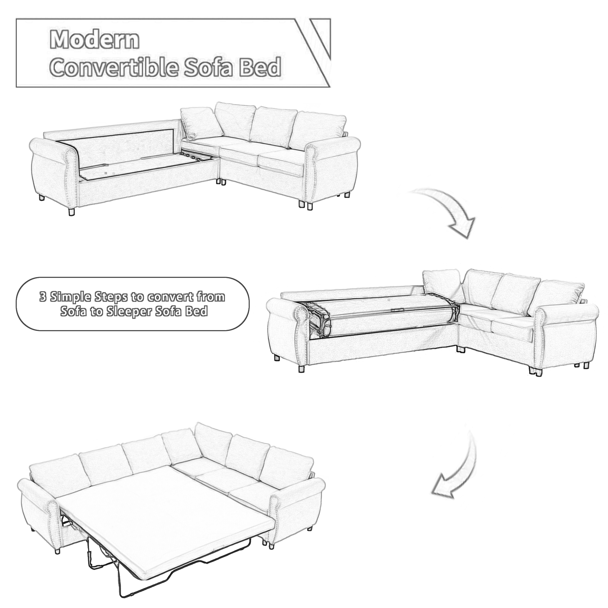 Arrived Sleeper Sofa, 2 In 1 Pull Out Couch Bed,6 Seater Sofa Bed, L Shaped Sleeper Sectional Sofa Couch,Riveted Sofa,104'' Large Combined Sofa Bed In Living Room, Dark Gray Gray Polyester Wood Primary Living Space Medium Soft Cushion Back Modern