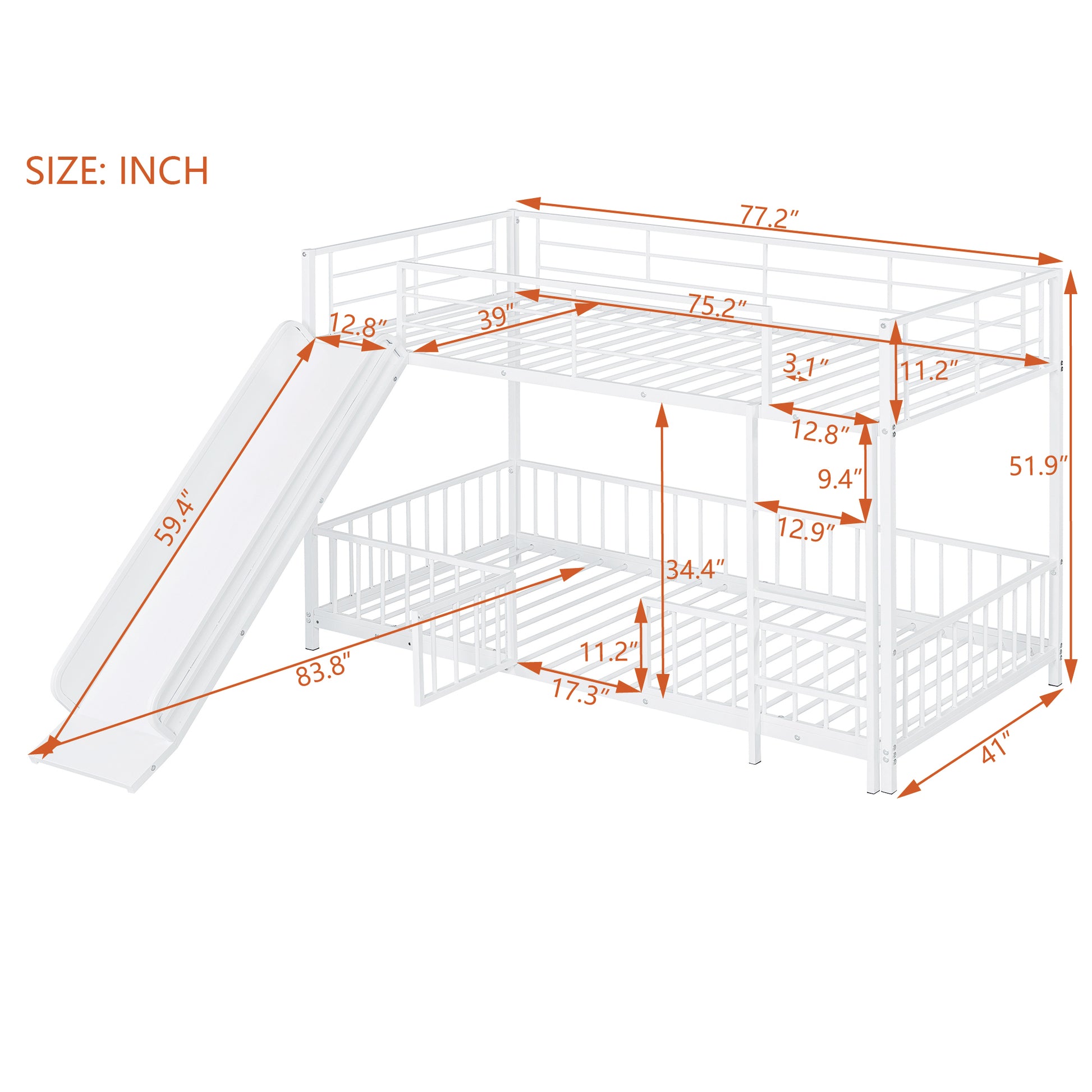 Twin Over Twin Size Metal Bunk Bed With Slide And Guardrails, White Twin White Metal