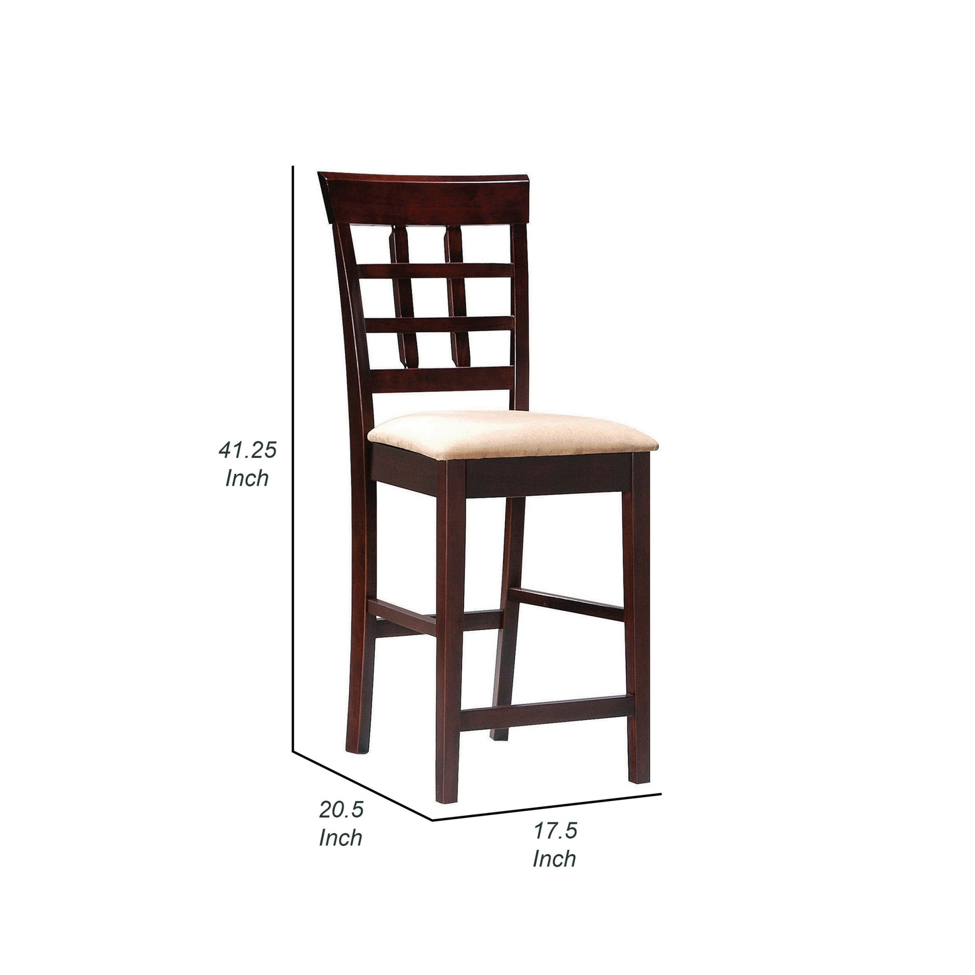 25 Inch Counter Height Stool, Lattice Design Back, Tan Fabric Seat, Brown Tan Solid Wood