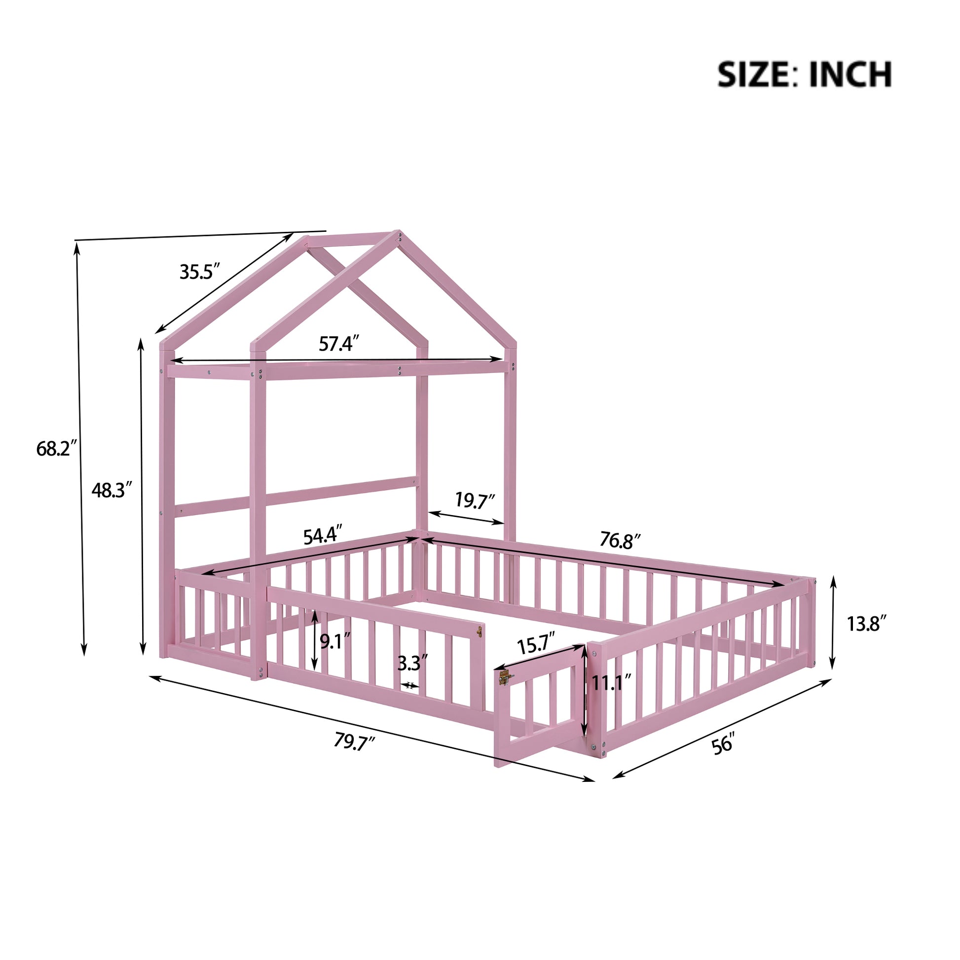 Wooden Floor Bed With Fence Railings And Detachable House Shape Headboard,Full Size Bed With Kids Dress Up Rack, Kids Montessori Style Playhouse Frame For Girls Boys, Pink Full Pink Wood