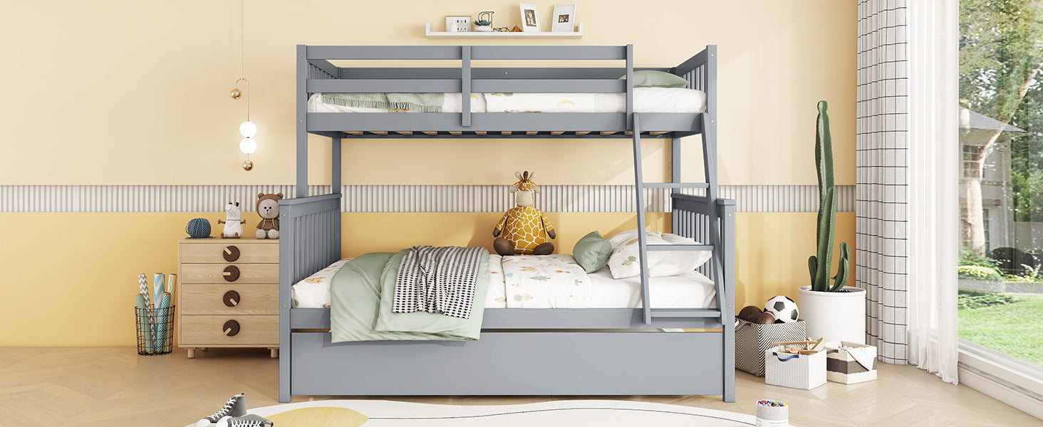 Twin Over Full Rubber Wood Bunk Bed With Trundle, Convertible Ladder And Guardrail, Detachable, Convertible Bed, With Twin Size Trundle ,Grey Twin Grey Rubber Wood