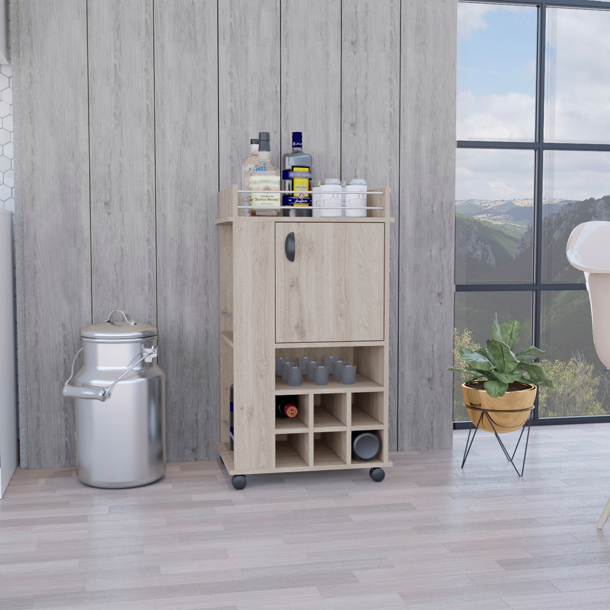 Fargo Bar Cart With Cabinet, 6 Built In Wine Rack And Casters Grey Primary Living Space Modern Particle Board Shelves Included Engineered Wood