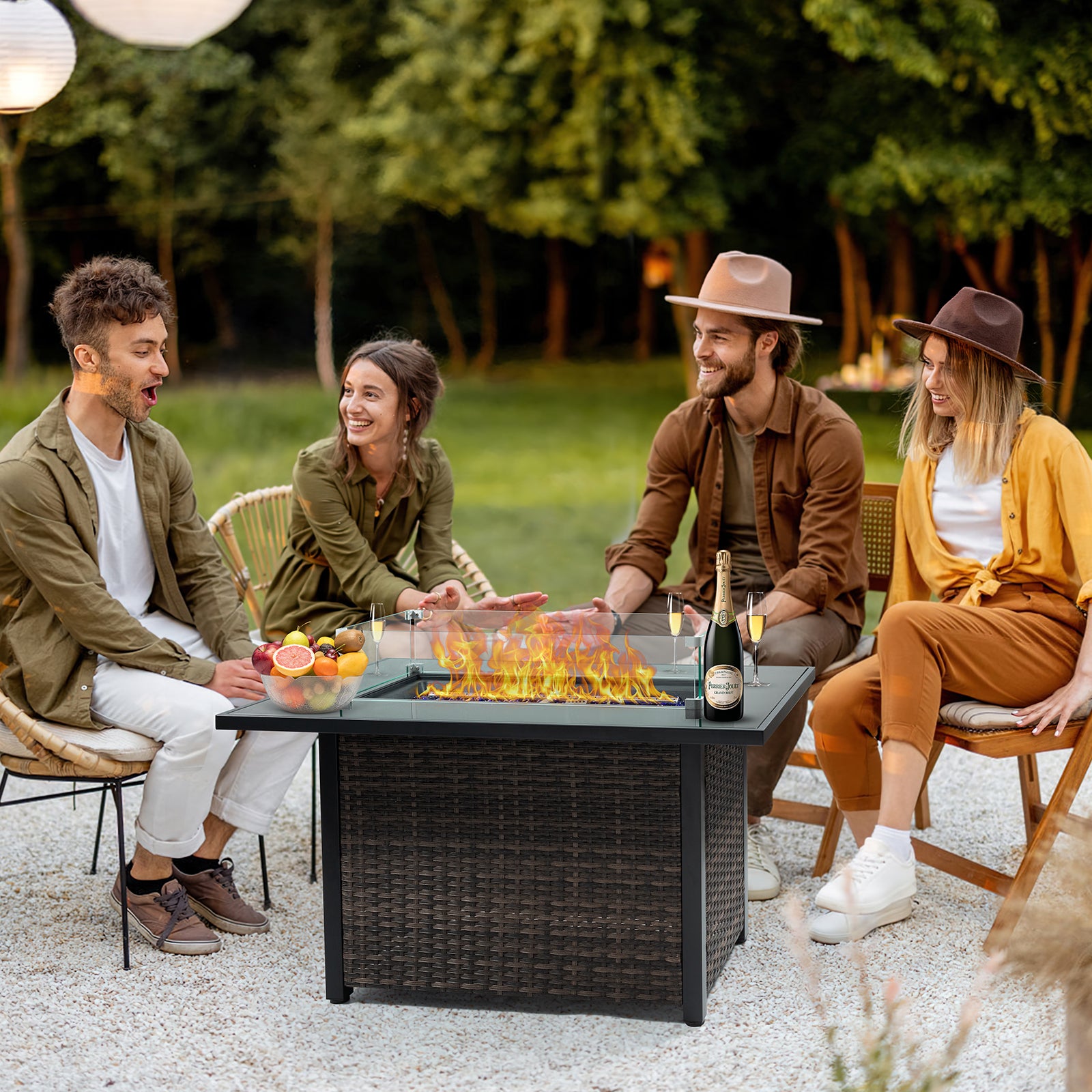 Outdoor Fire Pit 50,000 Btu Propane Gas Fire Table With Lid Fireplace With Glass Wind Guard Wicker Base For Garden, Patio, Backyard, 44" Black Brown Garden & Outdoor Modern Pe Rattan Iron,Rattan