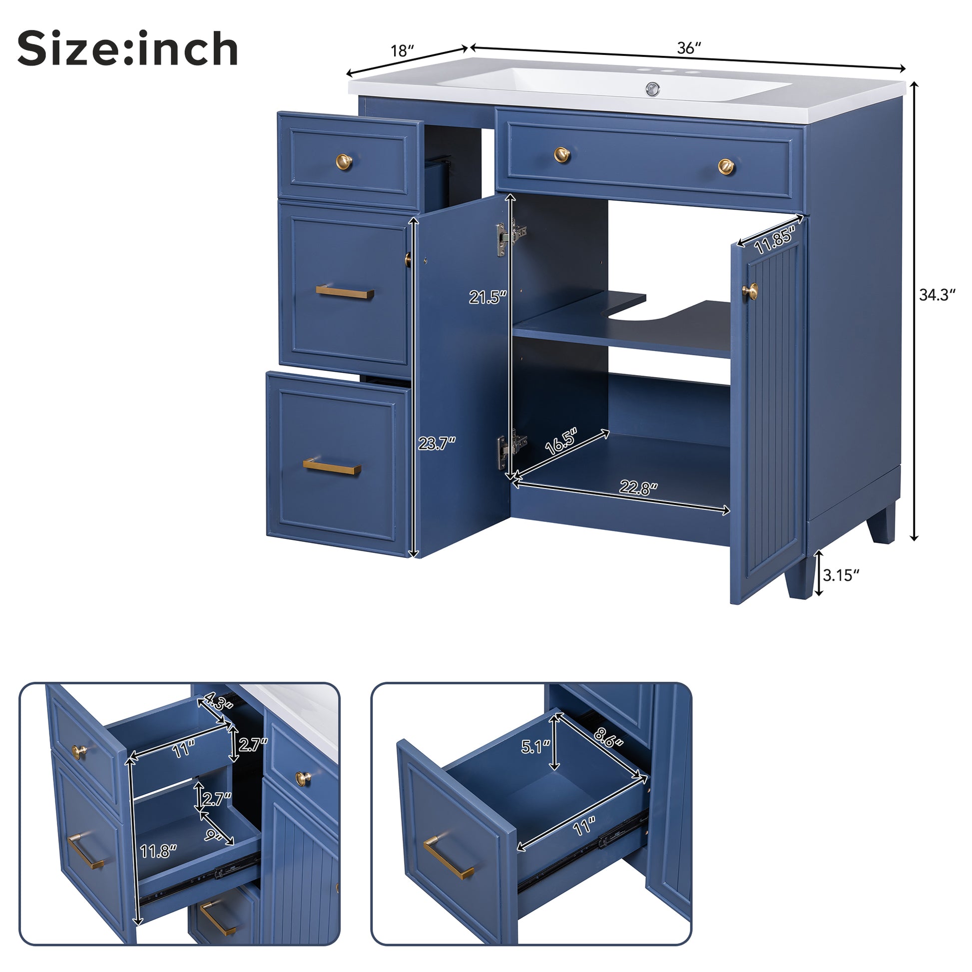 36 Inch Bathroom Vanity, Transitional Style Bathroom Cabinet With Resin Sink, Navy Blue Single Bathroom Cabinet, With 2 Drawers And 1 Adjustable Storage Shelf, 2 Soft Close Doors Navy Blue Solid Wood Mdf Resin