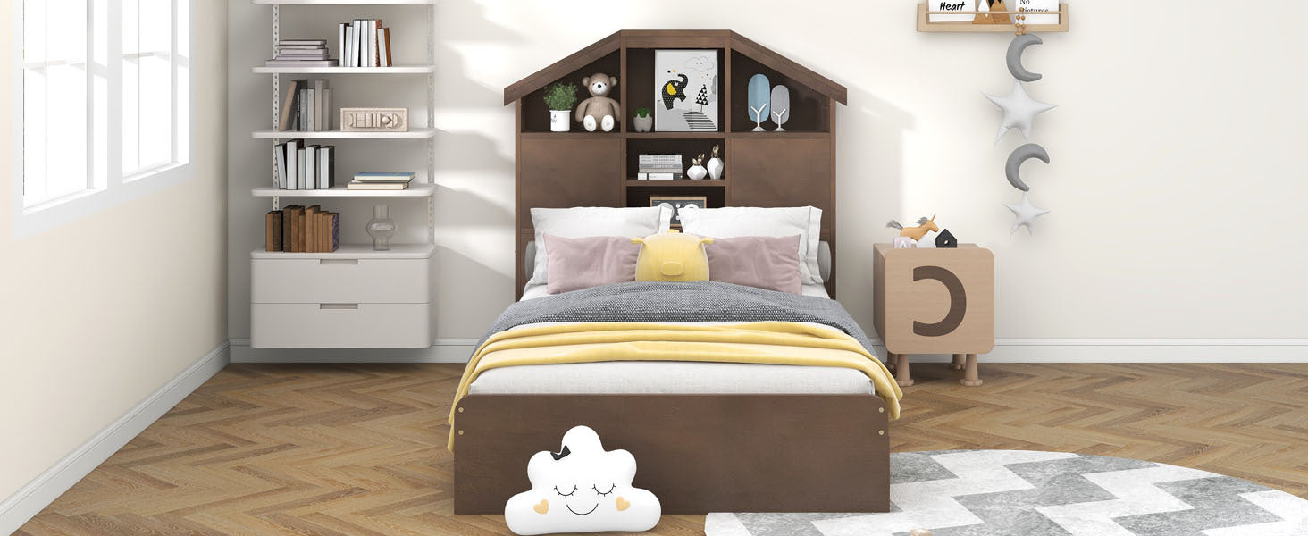 Twin Size Wood Platform Bed With House Shaped Storage Headboard And 2 Drawers, Walnut Box Spring Not Required Twin Walnut Wood Bedroom Solid Wood Mdf