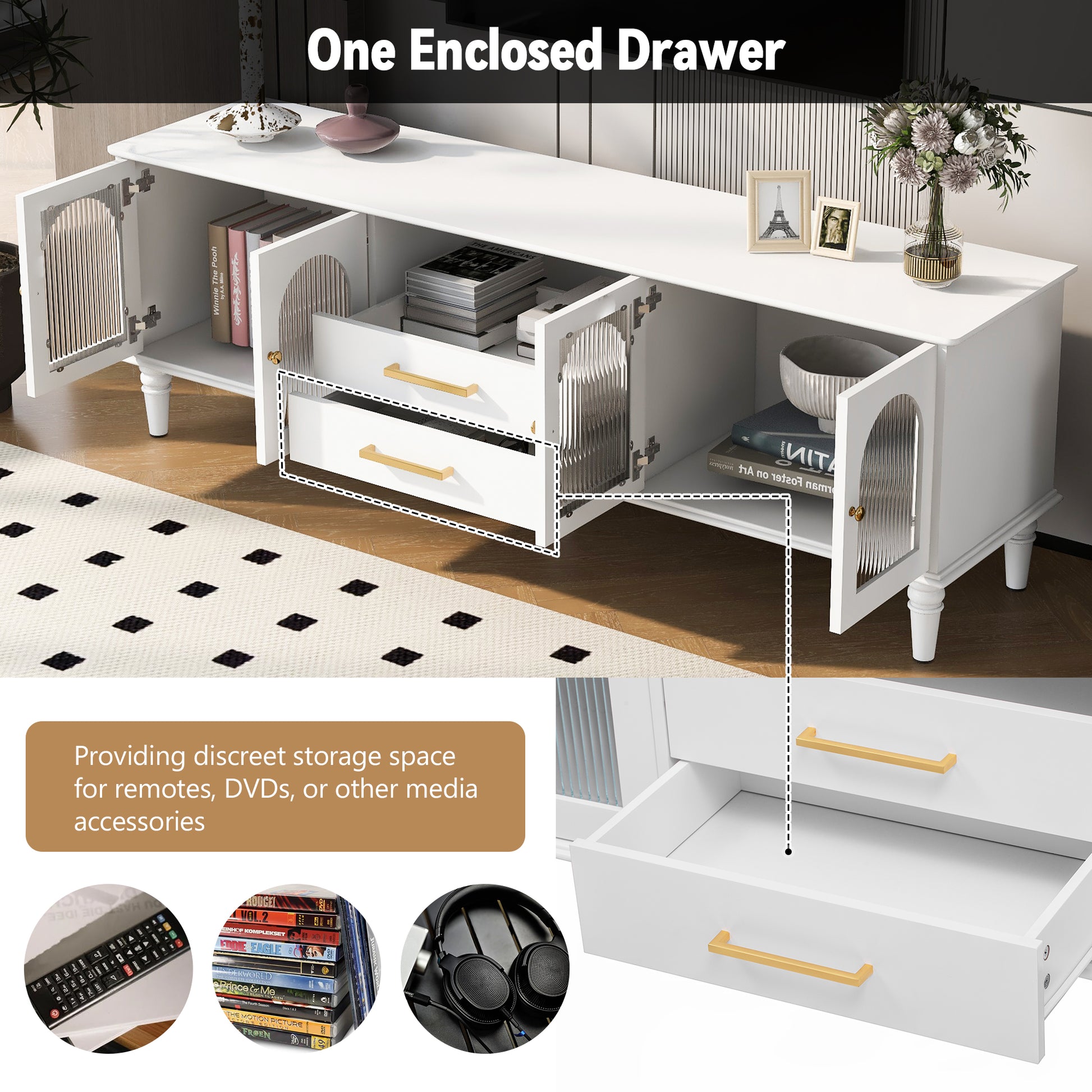 68.9'' Retro Tv Stand For Tvs Up To 75 Inches, Entertainment Center Media Console With Fluted Glass Doors And Five Solid Wood Legs For Living Room White 70 79 Inches Mdf