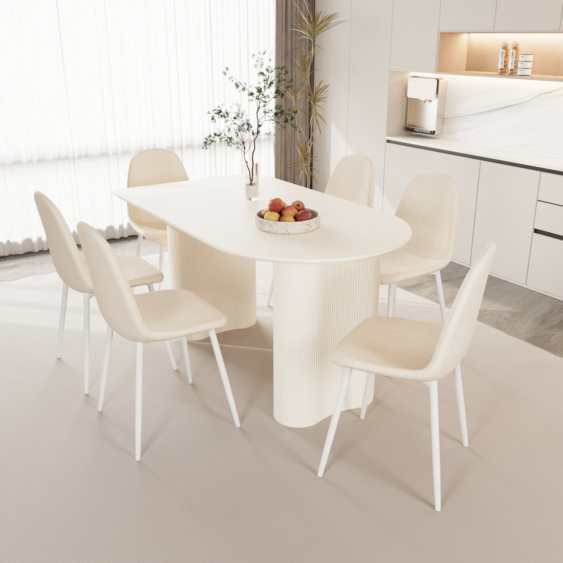 63 "Mdf Cream Style Coffee Table And Modern Dining Chair 8 Piece Set, Modern Kitchen Dining Table Set, Round Wave Table Legs, Dining Table And Round Linen Chairs Buy 6 Chairs And Get 2 Free Beige