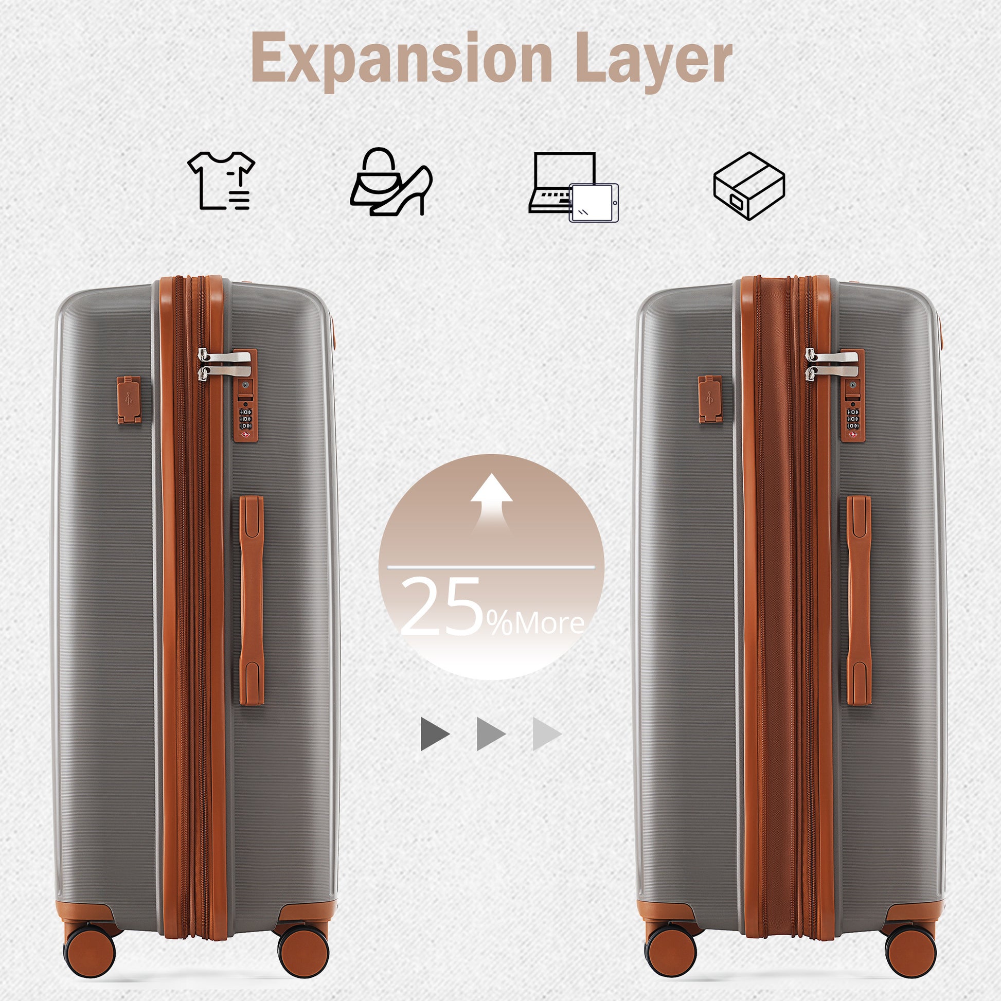Luggage Sets 3 Piece Suitcase Set 20 24 28 With Usb Port,Carry On Luggage Airline Approved,Pp Lightweight Suitcase With Spinner Wheels, Brown Brown Polypropylene