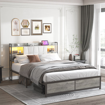 Queen Size Bed Frame With Led Light & Power Outlet, Platform Bed With Upholstered Headboard And Storage, Sturdy Metal Slats Support, No Box Spring Needed, Easy Assembly, Noise Free Box Spring Not Required Queen Ancient Oak Metal Bedroom Modern Bed Frame
