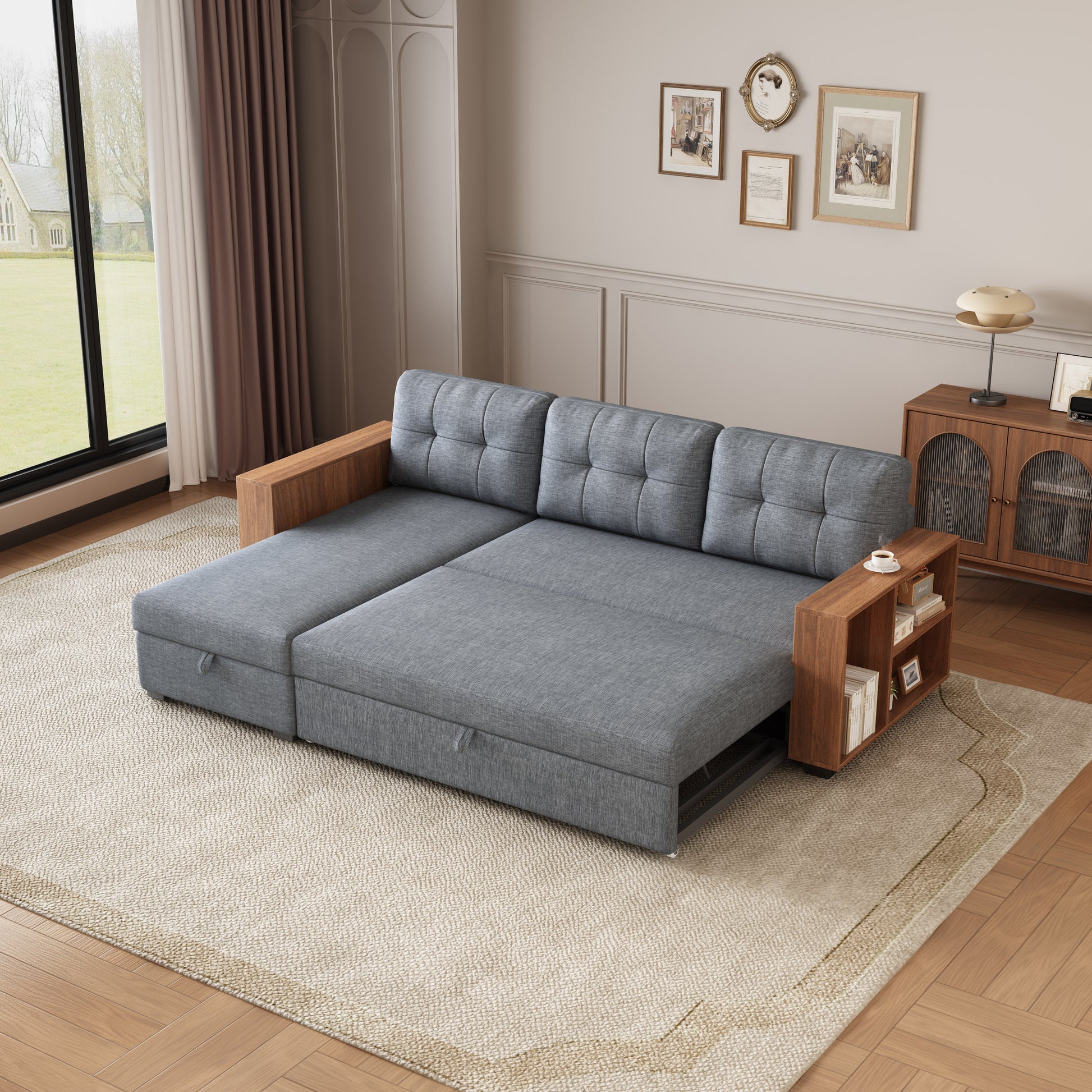 Upholstered Pull Out Sectional Sofa With Storage Chaise, Convertible Corner Couch, Light Grey Wooden Handrail Light Grey Wood Medium Soft Pillow Back Modern Square Arms Linen 3 Seat