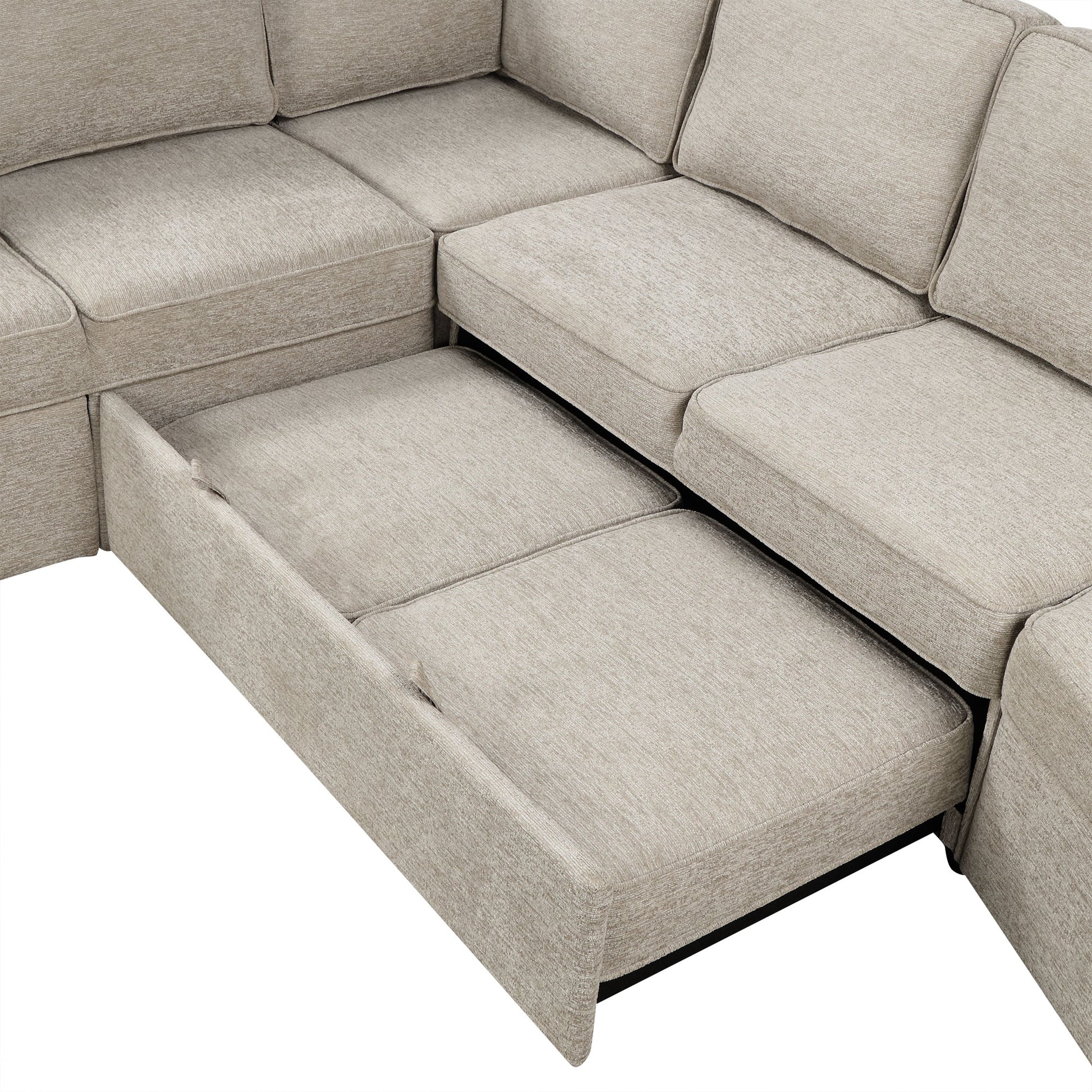 126" L Shaped Sofa Sectional Sofa Couch Pull Out Sofa Bed With Charging Devices And Cup Holders For Living Room, Beige Beige Foam Chenille 6 Seat