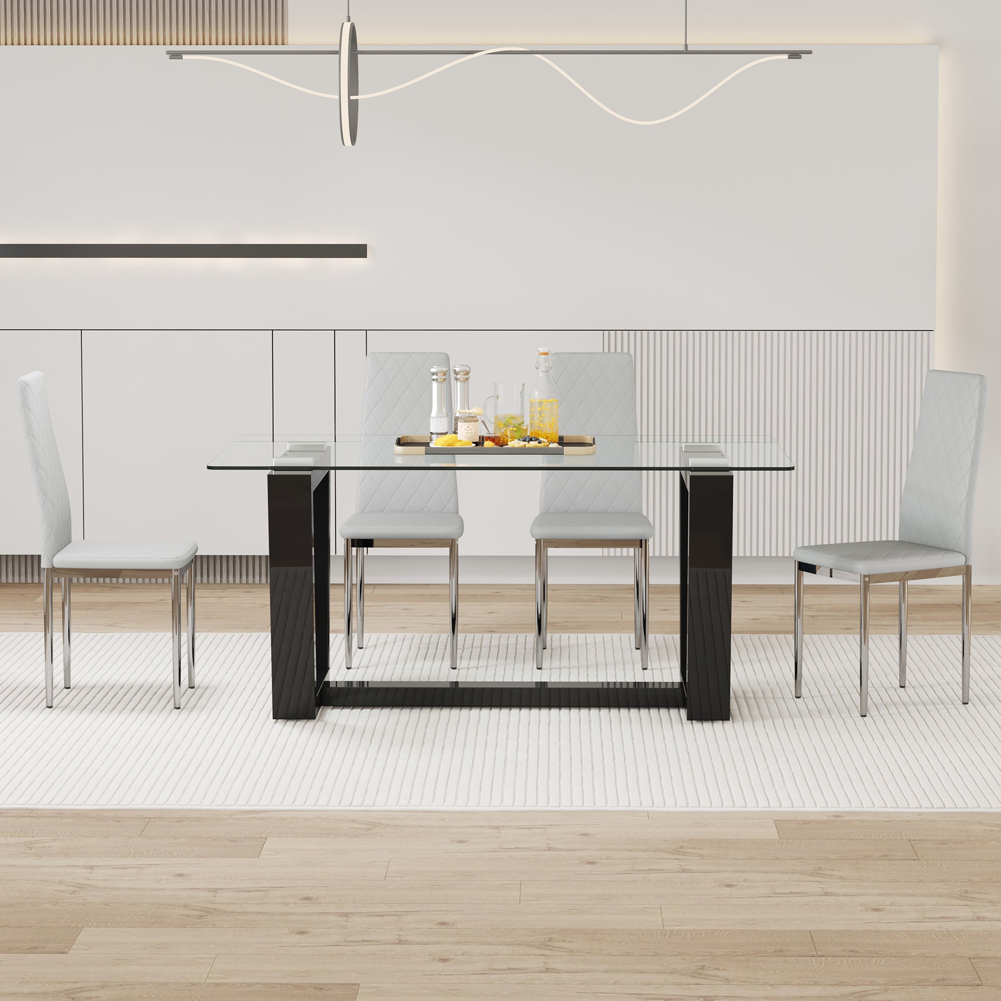 Table And Chair Set.A Rectangular Dining Table Features With Tempered Glass Top And Sleek Black Mdf Stand.Paried With 4 Pu Chairs With Checkered Armless High Back And Electroplated Metal Legs. Light Gray,Transparent Seats 4 Mdf Glass