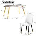 Table And Chair Set.Modern Minimalist Dining Table. White Imitation Marble Pattern Sintered Stone Desktop With Golden Metal Legs.Paried With 4 Comfortable Chairs With Pu Seats And Black Metal Legs.
