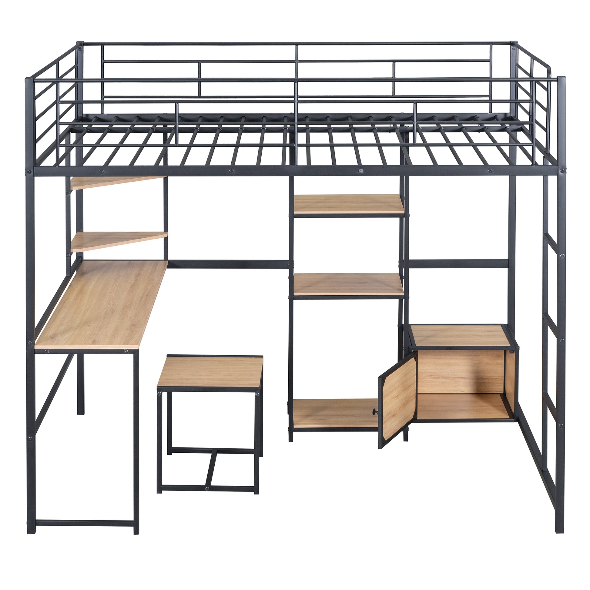 Full Size Loft Bed With Desk And Stool, Metal Loft Bed With Open Style Wardrobe, Shelves And Cabinet, Black Full Black Metal & Wood