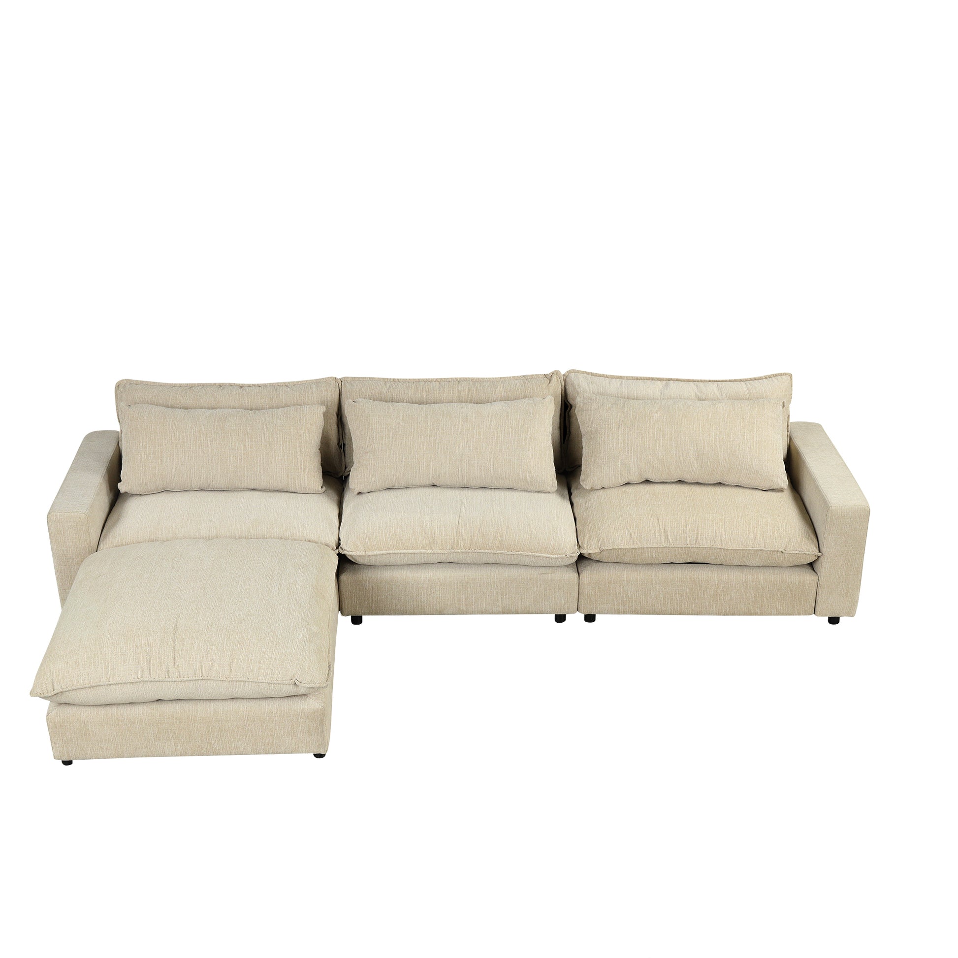 128" Sectional Sofa Cloud Sofa Chenille Upholstered Sofa Couch With Movable Ottoman, Comfortable Seat Cushions, Charging Ports And Three Back Pillows For Living Room, Beige Beige Foam Chenille 4 Seat