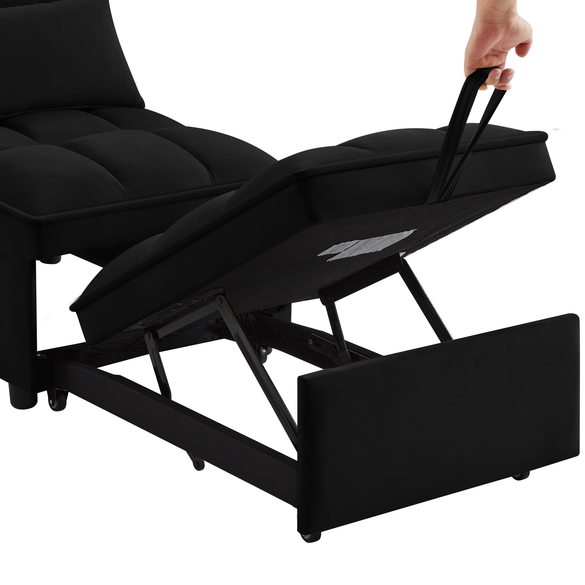 4 In1 Multi Function Single Sofa Bed With Storage Pockets,Tufted Single Pull Out Sofa Bed With Adjustable Backrest And Pillows ,Convertible Chaise Lounge,Black Black Velvet Metal Primary Living Space Medium Soft American Design Armless Foam Velvet 1 Seat