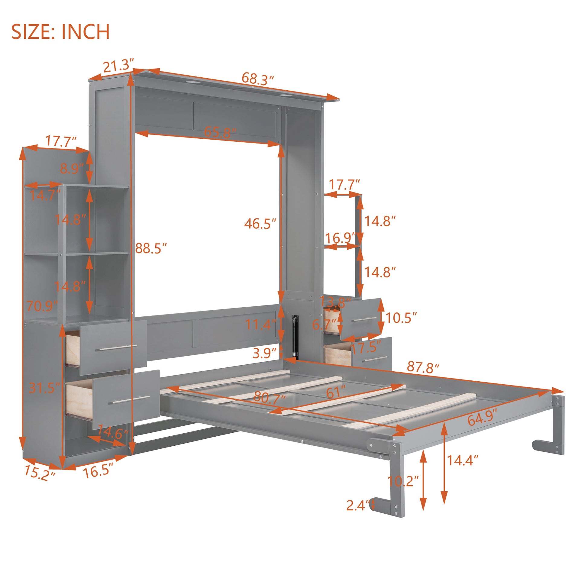 Queen Size Murphy Bed Wall Bed With Shelves, Drawers And Led Lights,Gray Queen Gray Mdf Lvl