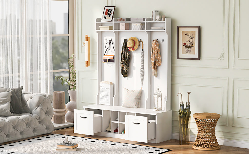 5 In 1 Entryway Bench With Coat Rack, 7 Sturdy Hooks, 2 Spacious Drawers And Adjustable Shelves, 58.8'' Wide Hall Tree With Metal Handles For Hallway, Entryway, Living Room White Mdf