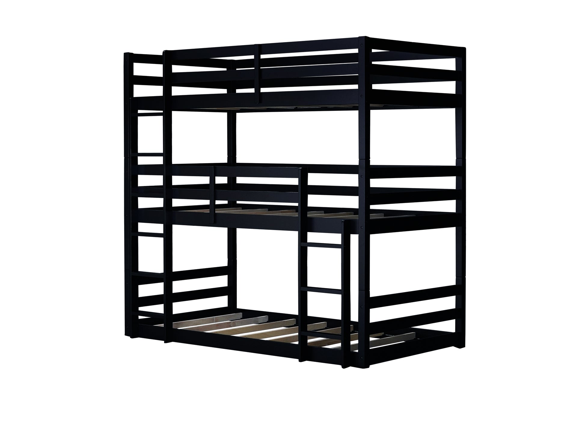 Triple Rubber Wood Bunk Bed With Two Built In Ladders, Guardrails, Twin Over Twin Over Twin, Detachable Triple Twin Bunk Bed,Black Twin Black Bedroom American Design Bed Frame Rubber Wood