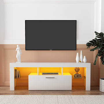 Fashiontvstandtvcabinet,Entertainmentcenter,Tvstationtv Console,Media Console,With Ledlight Belt,Light Belt Remote Control,Toughenedglassshelf,Metal Handle,Canbeplaced In The Living Room,Bedroom,White White Primary Living Space 50 59 Inches 50 59 Inches