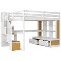 Full Size Loft Bed With Desk And Shelves, Two Built In Drawers, Storage Staircase, White And Natural Full Natural White Plywood,Solid Wood Mdf