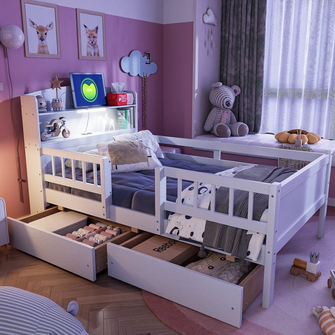 Wood Twin Size Platform Bed With Built In Led Light, Multi Functional Headboard, Guardrail And 2 Drawers, White Expected Arrival Time: 3.15 Box Spring Not Required Twin White Wood Bedroom Bed Frame