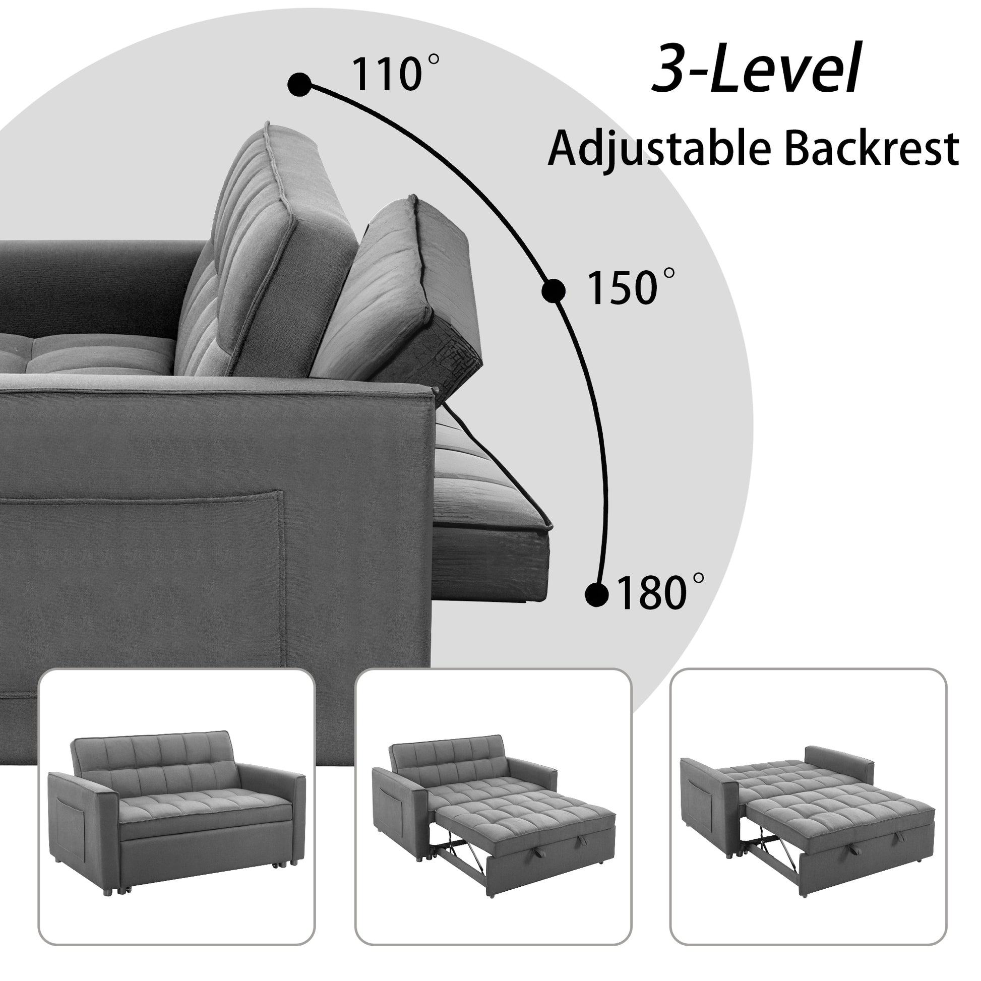 Stylish Grey Pull Out Sofa Bed With Woven Polyester Fabric & Solid Wood Frame Gray Polyester 2 Seat
