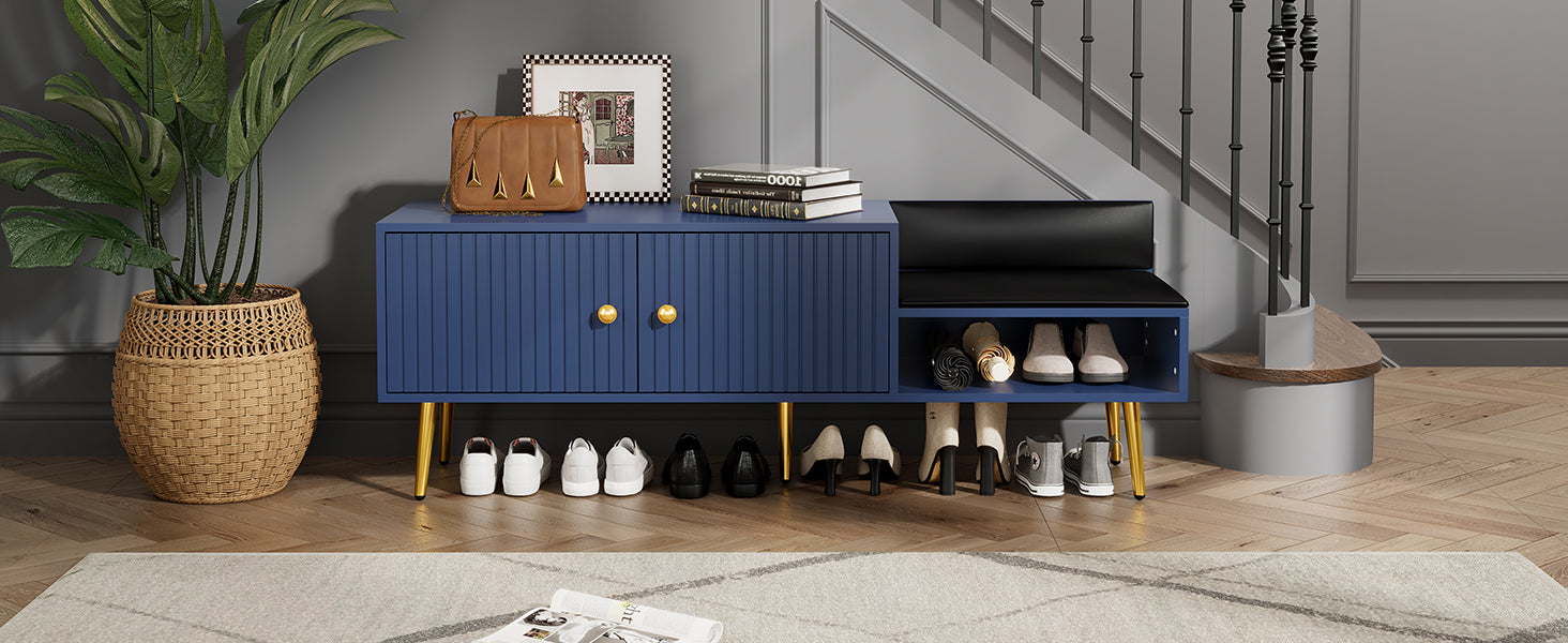 Modern Shoe Storage Bench With Hidden Storage And Upholstered Cushions For Bedside, Living Room And Entryway Navy Navy Mdf Metal