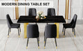 Table And Chair Set.The Table Has A Glass Top With Imitation Marble Pattern Stickers And Stainless Steel Golden Legs. Paried With Chairs With Pu Artificial Leather Backrest Cushions And Black Legs. Black Gold Seats 6 Glass Metal