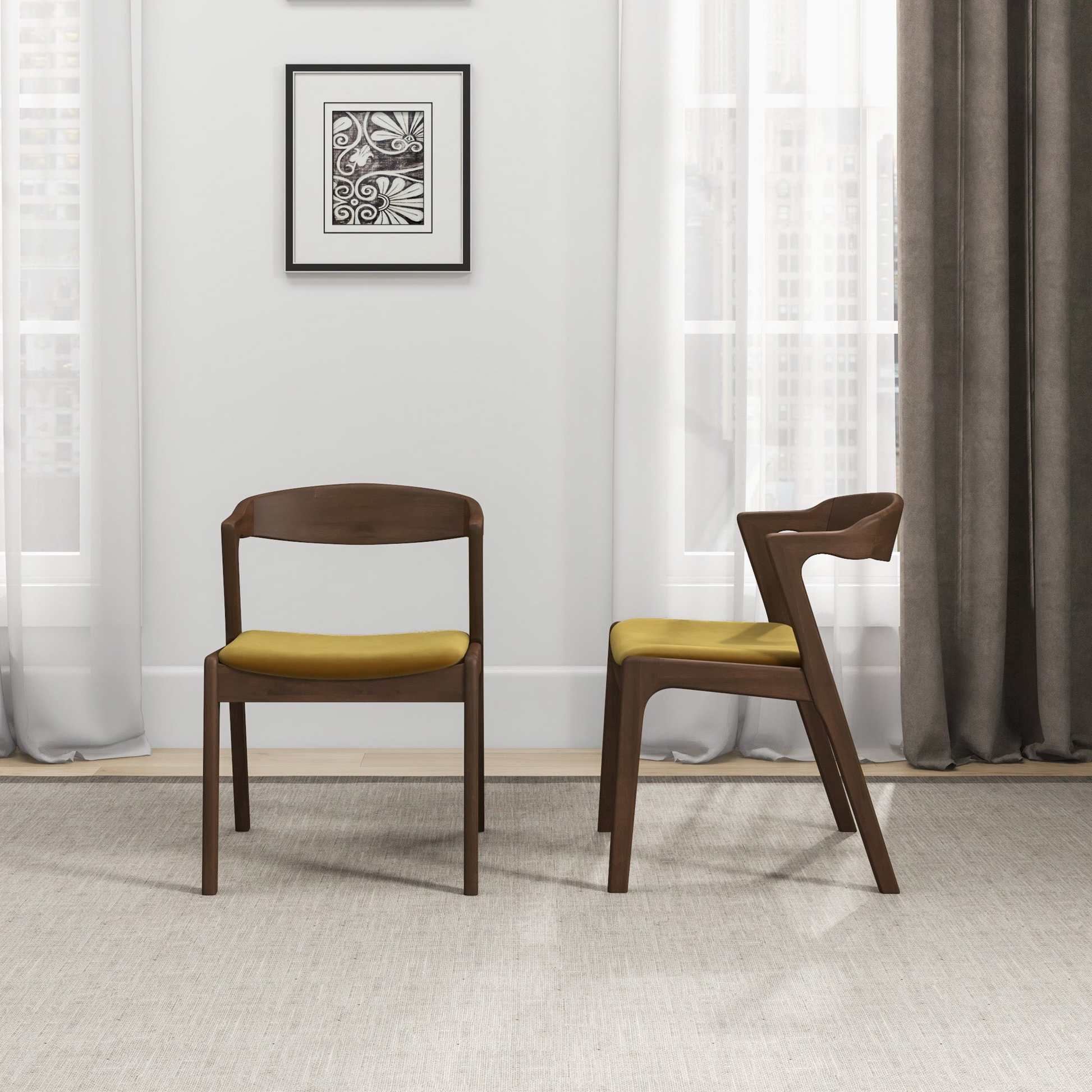 Dakota Dark Yellow Velvet Dining Chair Set Of 2 Solid Brown,Yellow Brown Dining Room Foam Wipe Clean Mid Century Modern Dining Chairs Set Of 2 Foam Solid Wood,Velvet