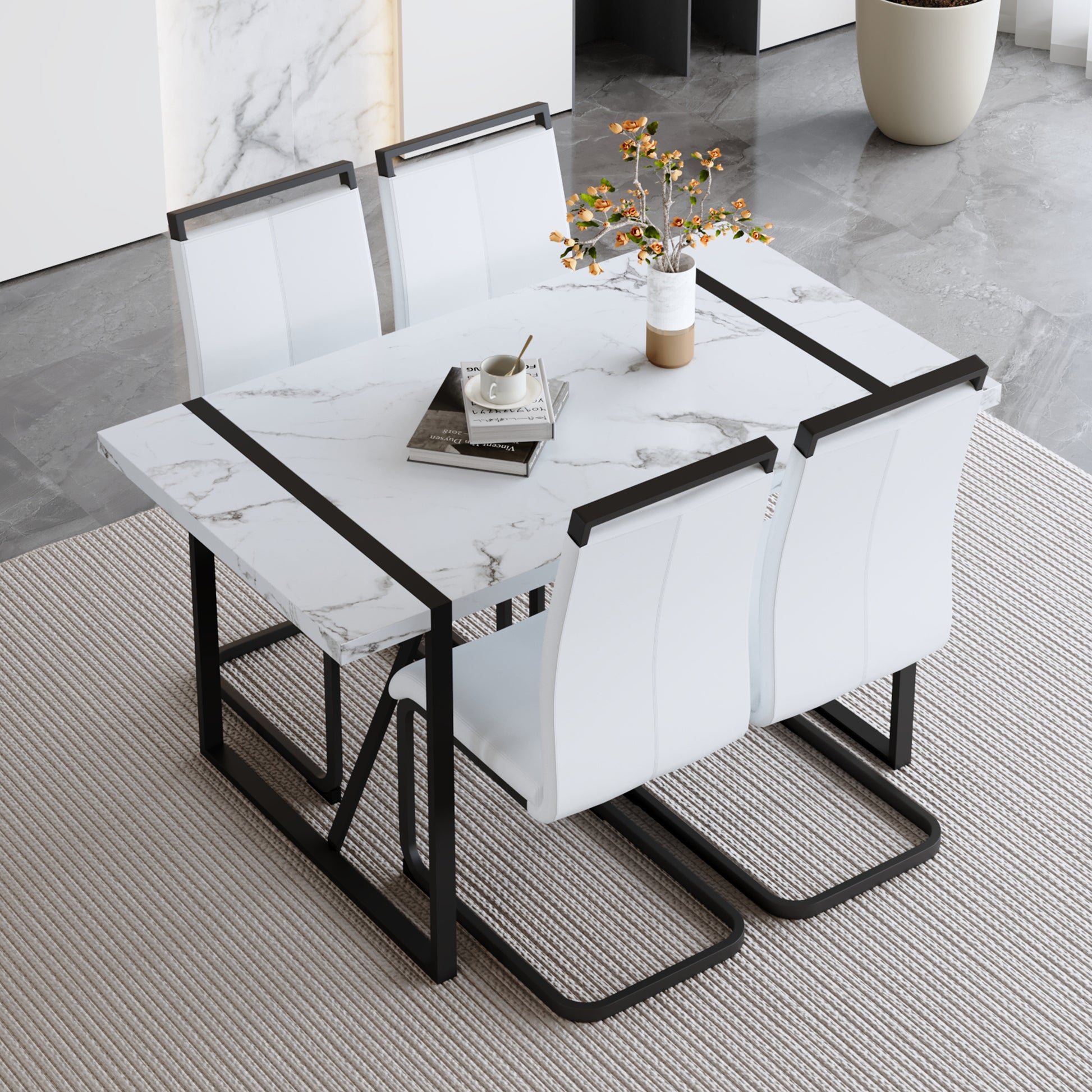 Table And Chair Set.A Modern Minimalist White Marble Veined Mdf Dining Table With Black Metal Frame.Paried With 4 Chairs With White Pu Cushions And C Tube Black Metal Legs. White Seats 4 Mdf Metal