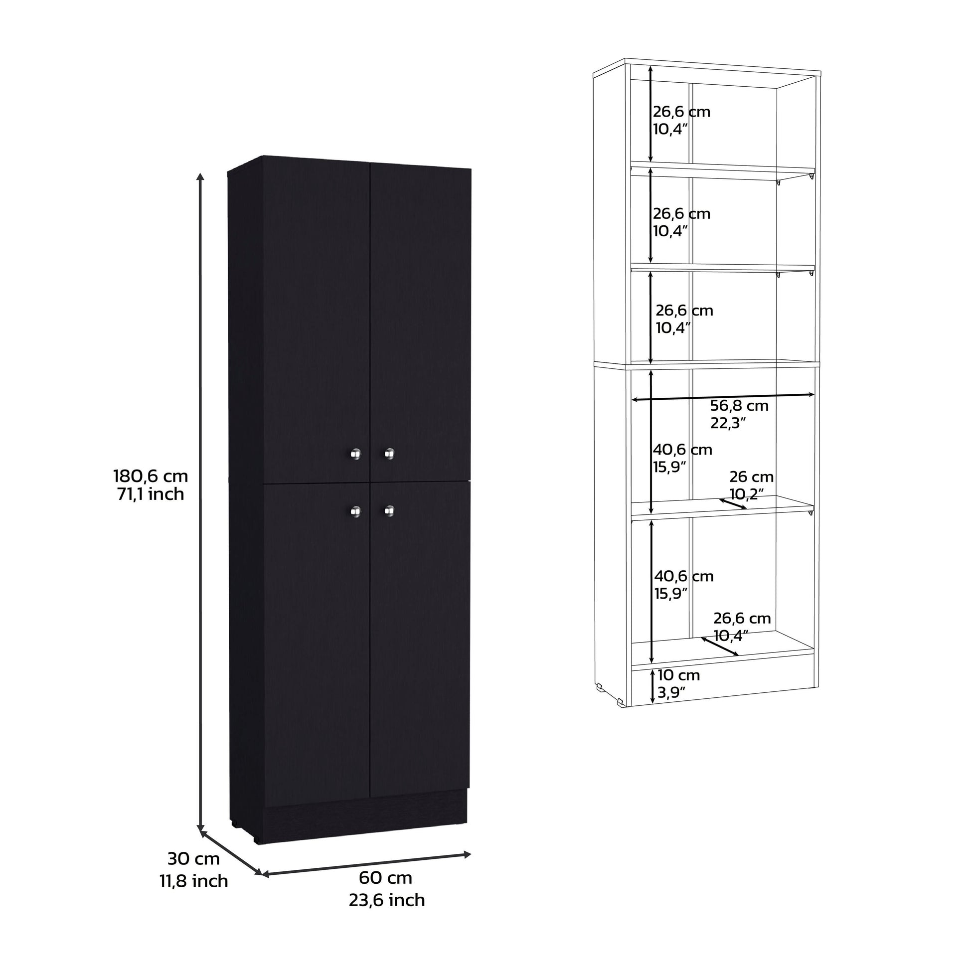 Kitchen Pantry 71" H, 4 Doors, 5 Adjustable Shelves, Laundry, Black Black Solid Wood Mdf Engineered Wood