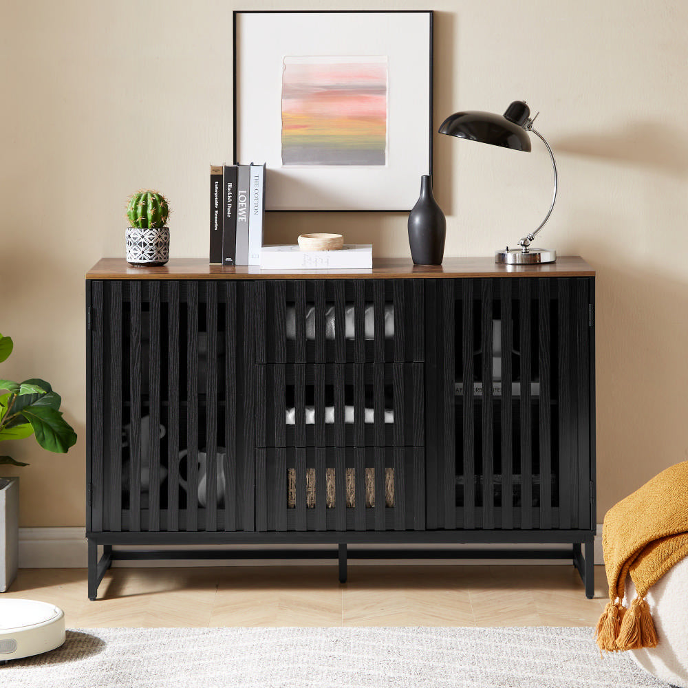 3 Drawer And 4 Shelves Dresser With Slatted Grille Striped Drawer And Doors, Modern Style Dresser, High Quality Mdf And Metal Leg Black Brown Mdf