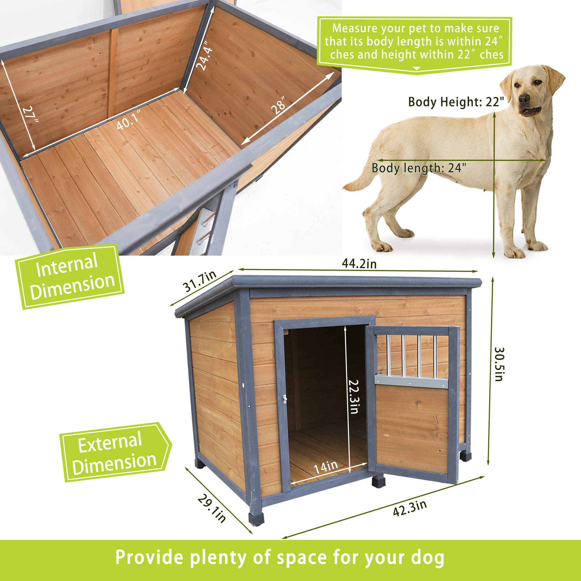 45"Large Solid Wood Dog House, Waterproof Pvc Plastic Roof, Wooden Doors Gray Yellow Solid Wood