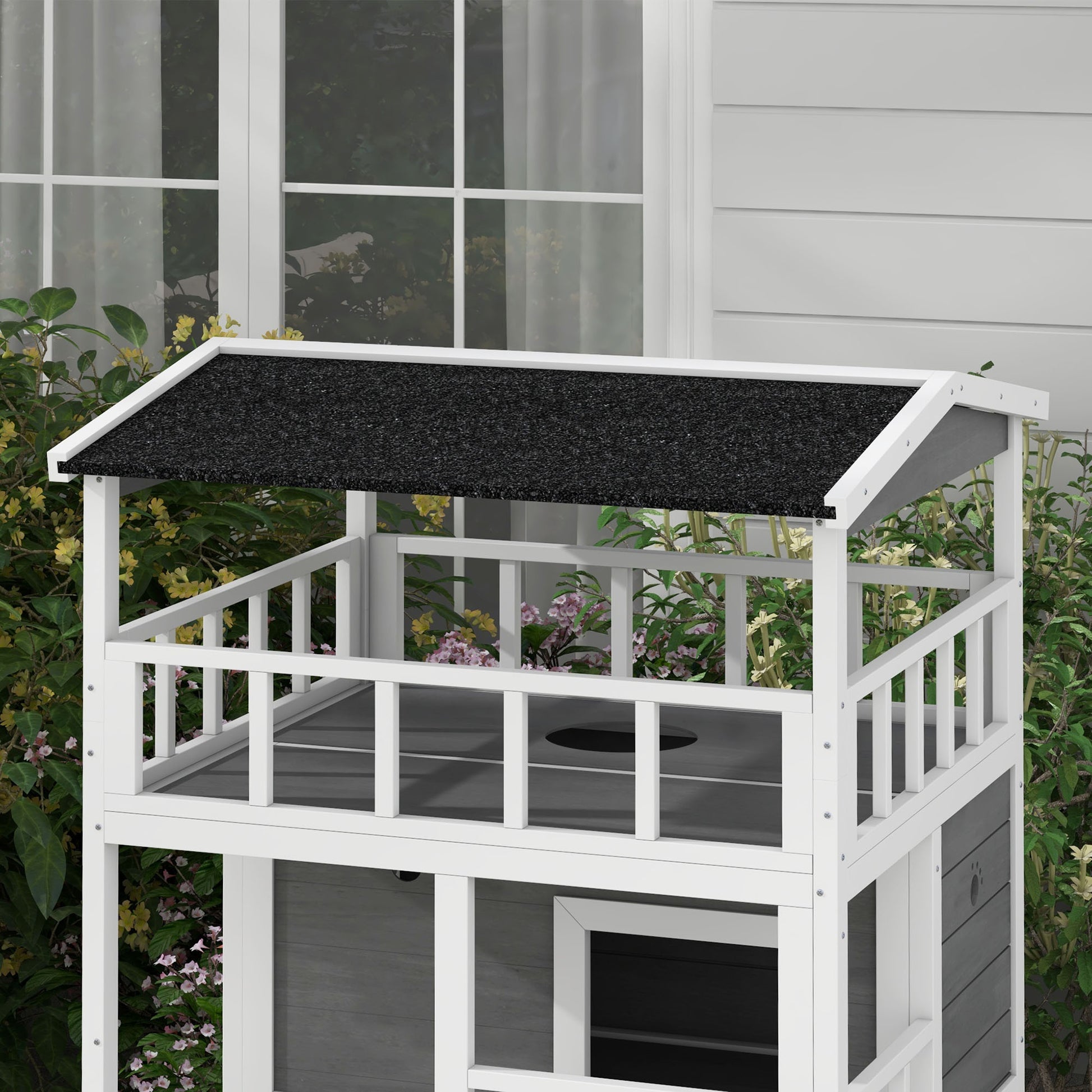 Pawhut Wooden Outdoor Cat House, Feral Cat Shelter Kitten Condo With Asphalt Roof, Escape Doors, Condo, Jumping Platform, Light Gray Light Gray Wood