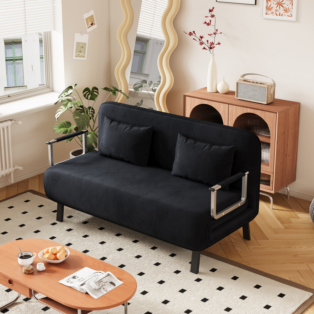 Velvet Black 55 Convertible Chair Bed, Tri Fold Sofa Bed With Adjustable Backrest & Pillow, Leisure Chaise Lounge Couch With Sturdy Steel Frame For Home & Office, Comfortable Sleeper Chair Black Velvet Metal Primary Living Space Medium Firm Contemporary